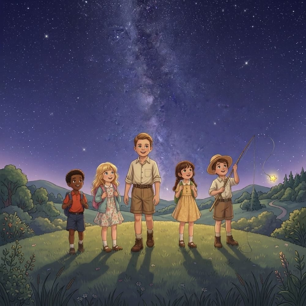 As cinco crianças no alto do morro, sob a Via Láctea
