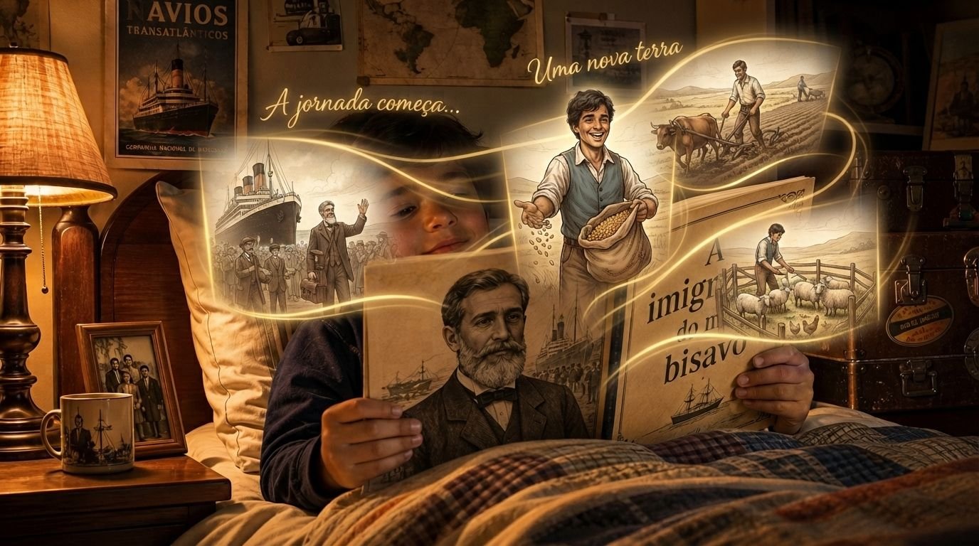 Menino lendo na cama o livro sobre o ancestral, com cenas da viagem saindo das páginas