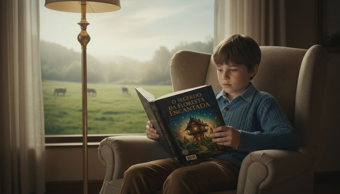 Menino lendo um livro ilustrado numa poltrona, perto da janela, com o campo ao fundo