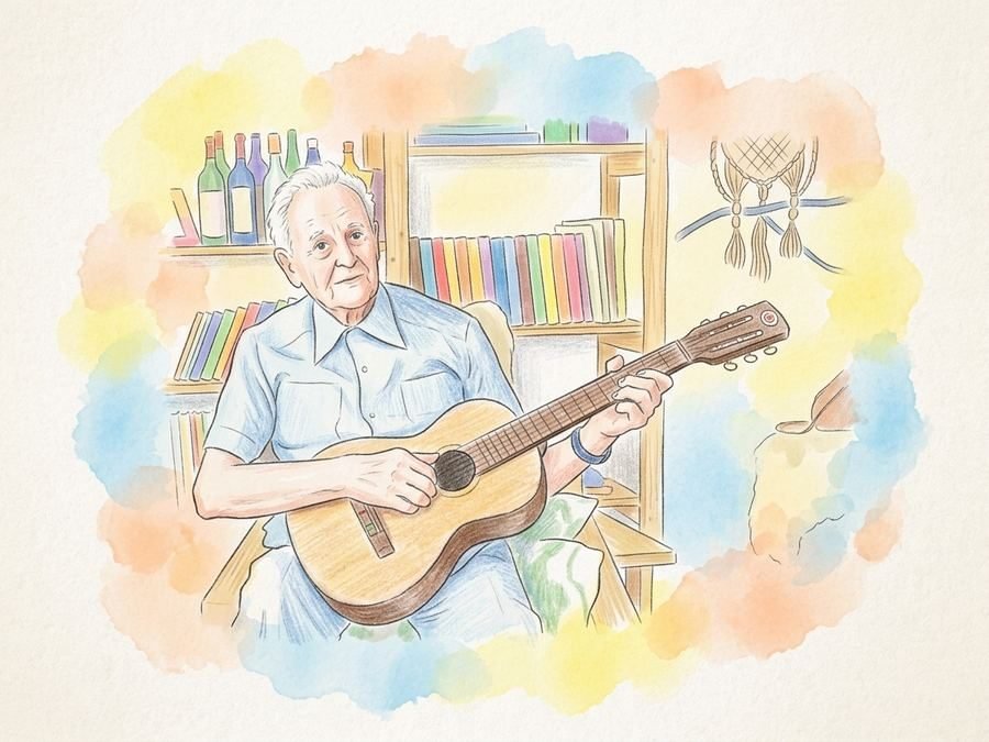 Hans já idoso, sorrindo e tocando violão
