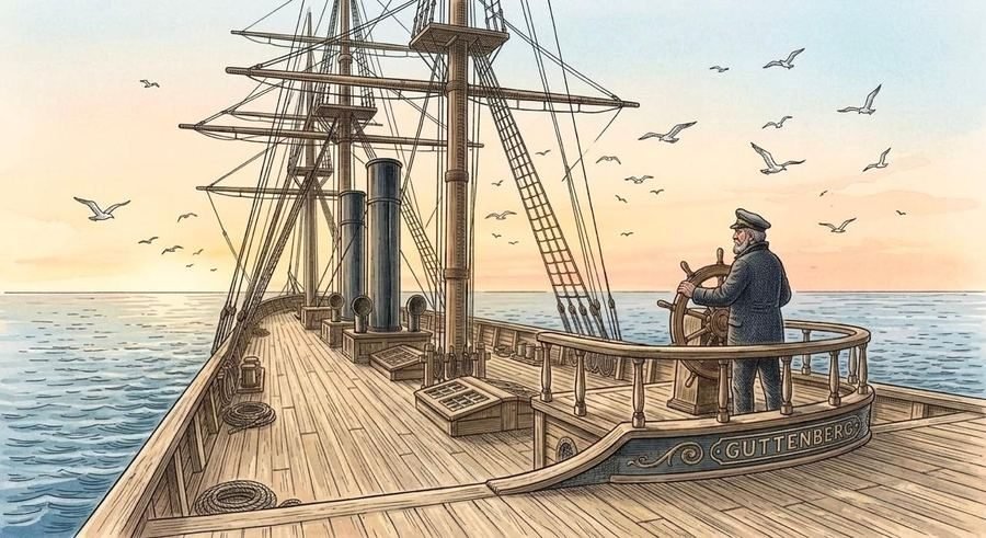 Convés de um navio a vela, com o capitão olhando o mar