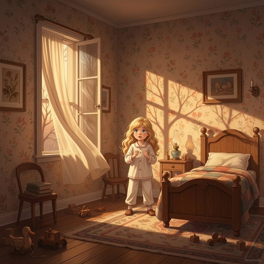 Menina no quarto, à noite, olhando a janela