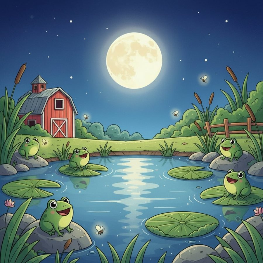 Sapos no lago sob a lua cheia