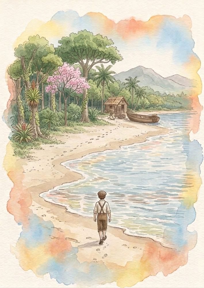 Menino caminhando por uma praia tropical em direção a uma casa de madeira