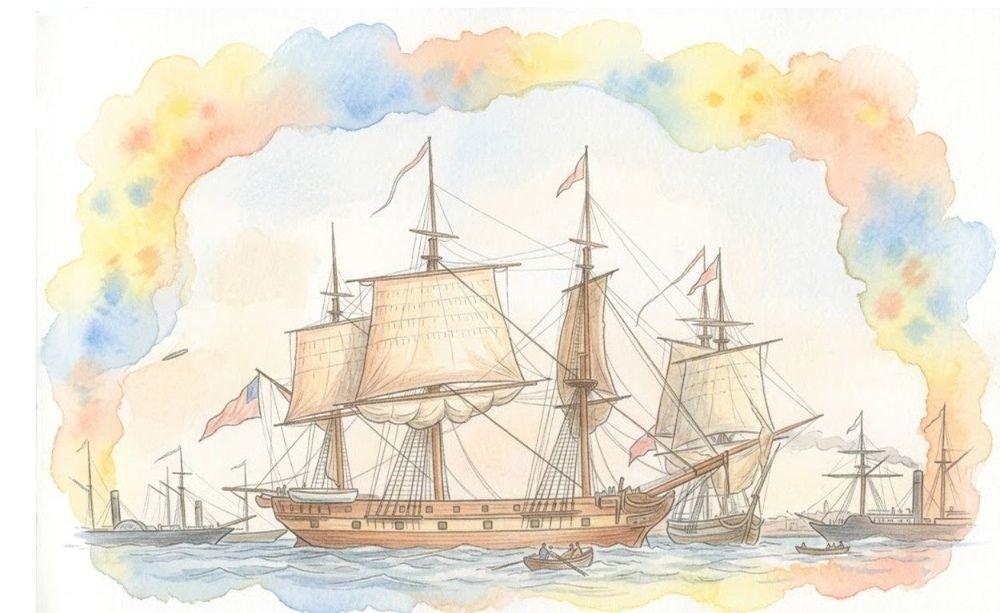 Veleiro de três mastros entre outros navios